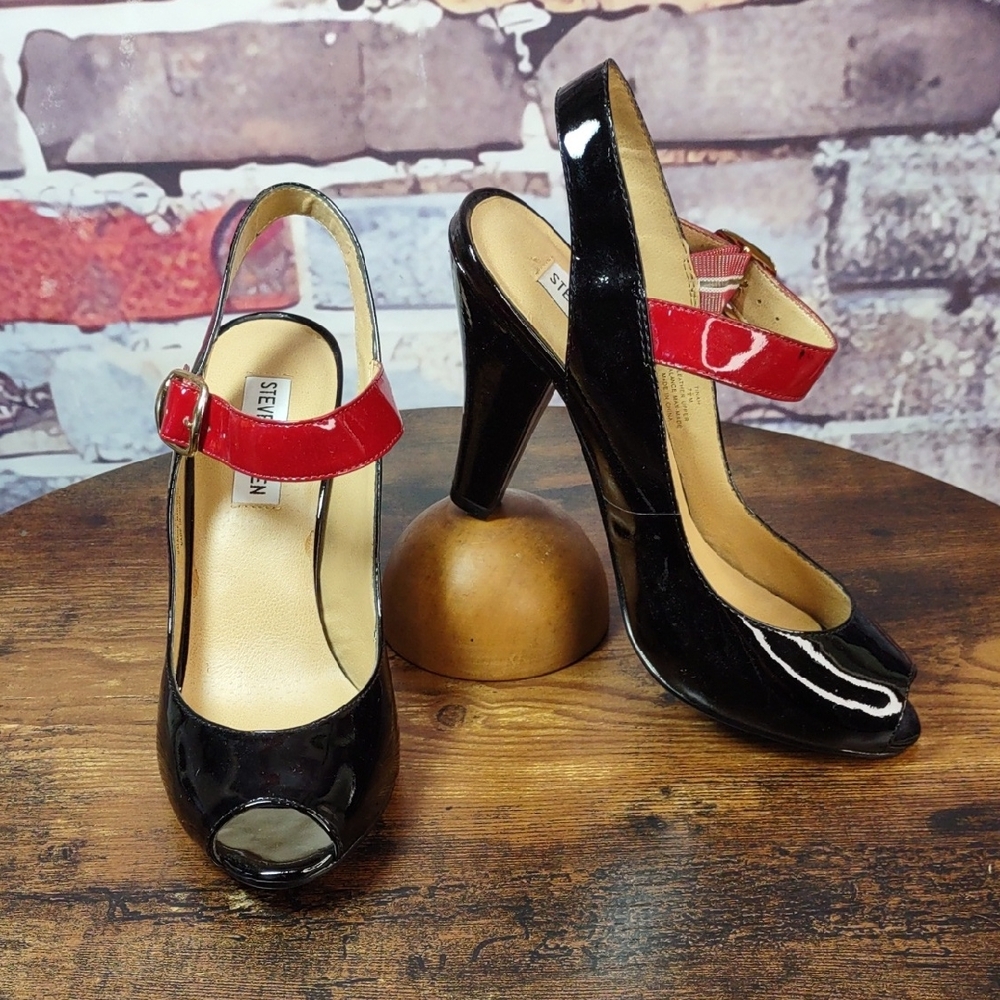 Steve Madden "Tinah" Black Patent Leather Peep Toe Sling Back Pumps